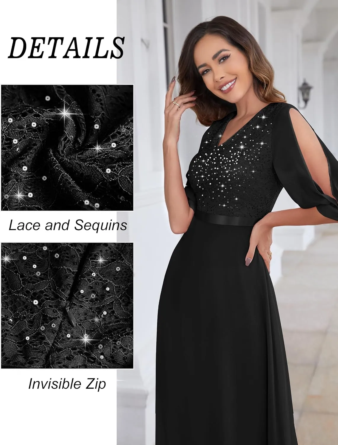 Wedtrend Women's Sequin Dress Sparkly Glitter Dress Split Sleeves Formal Dresses Maxi Evening Dress