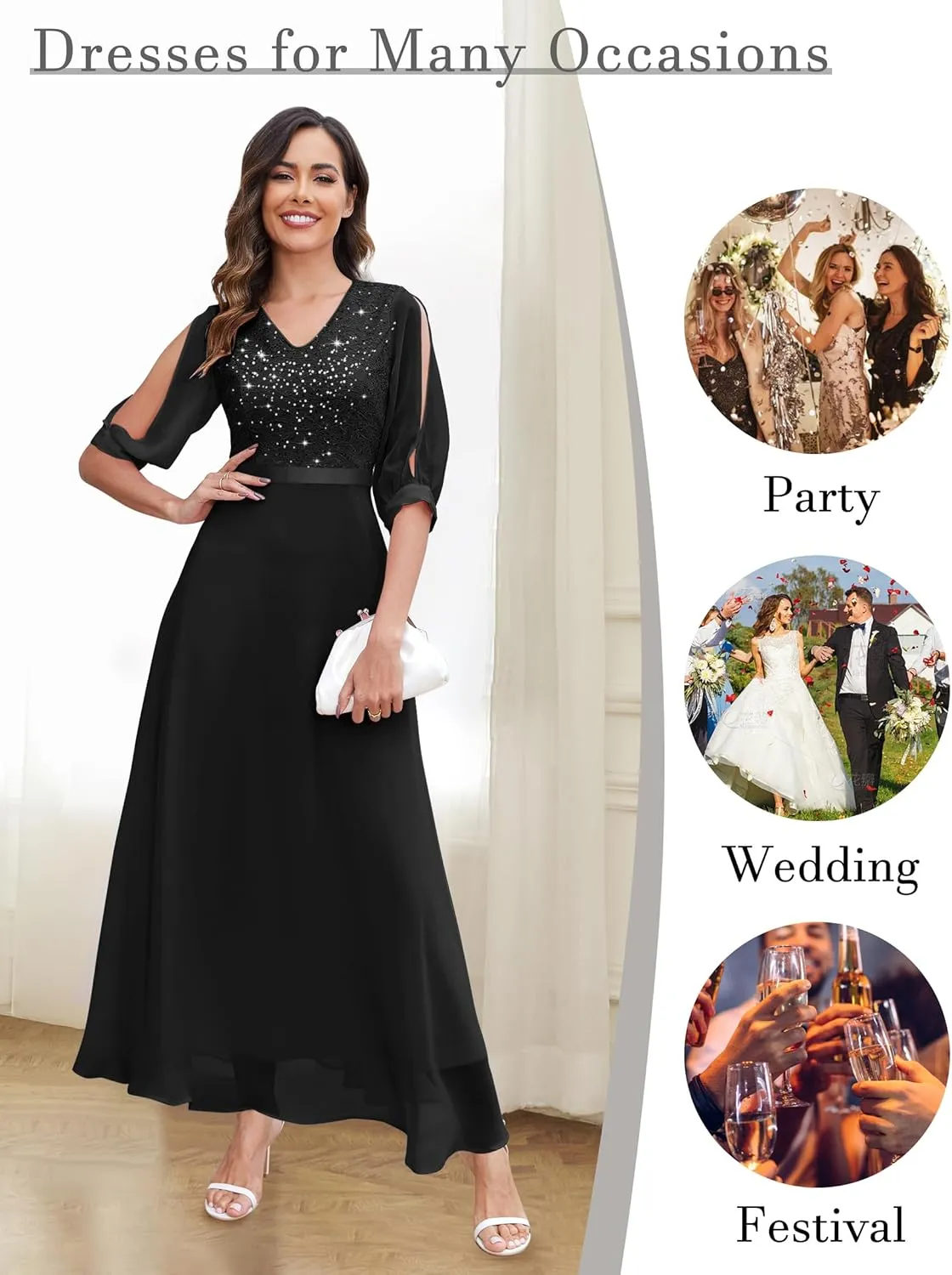 Wedtrend Women's Sequin Dress Sparkly Glitter Dress Split Sleeves Formal Dresses Maxi Evening Dress