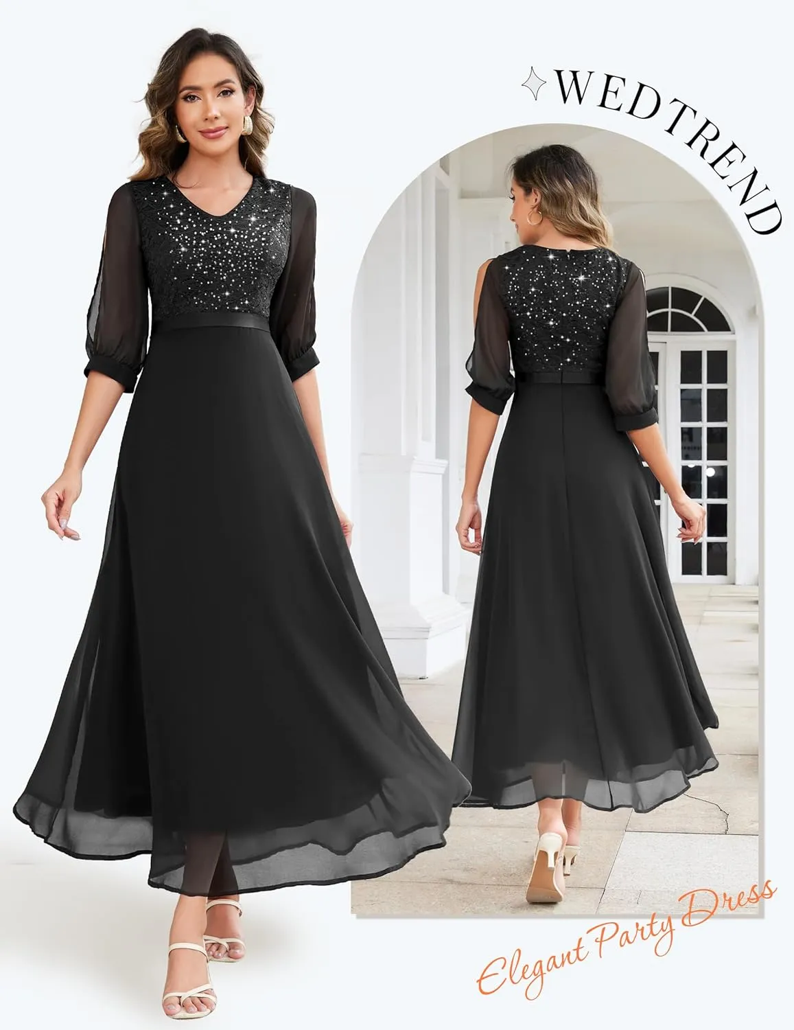Wedtrend Women's Sequin Dress Sparkly Glitter Dress Split Sleeves Formal Dresses Maxi Evening Dress