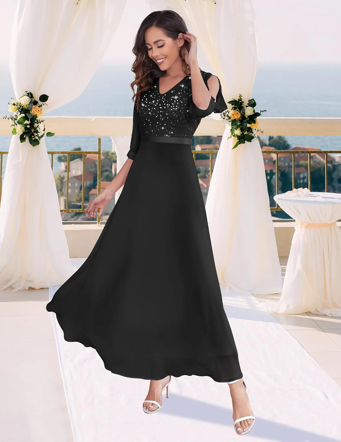 Wedtrend Women's Sequin Dress Sparkly Glitter Dress Split Sleeves Formal Dresses Maxi Evening Dress