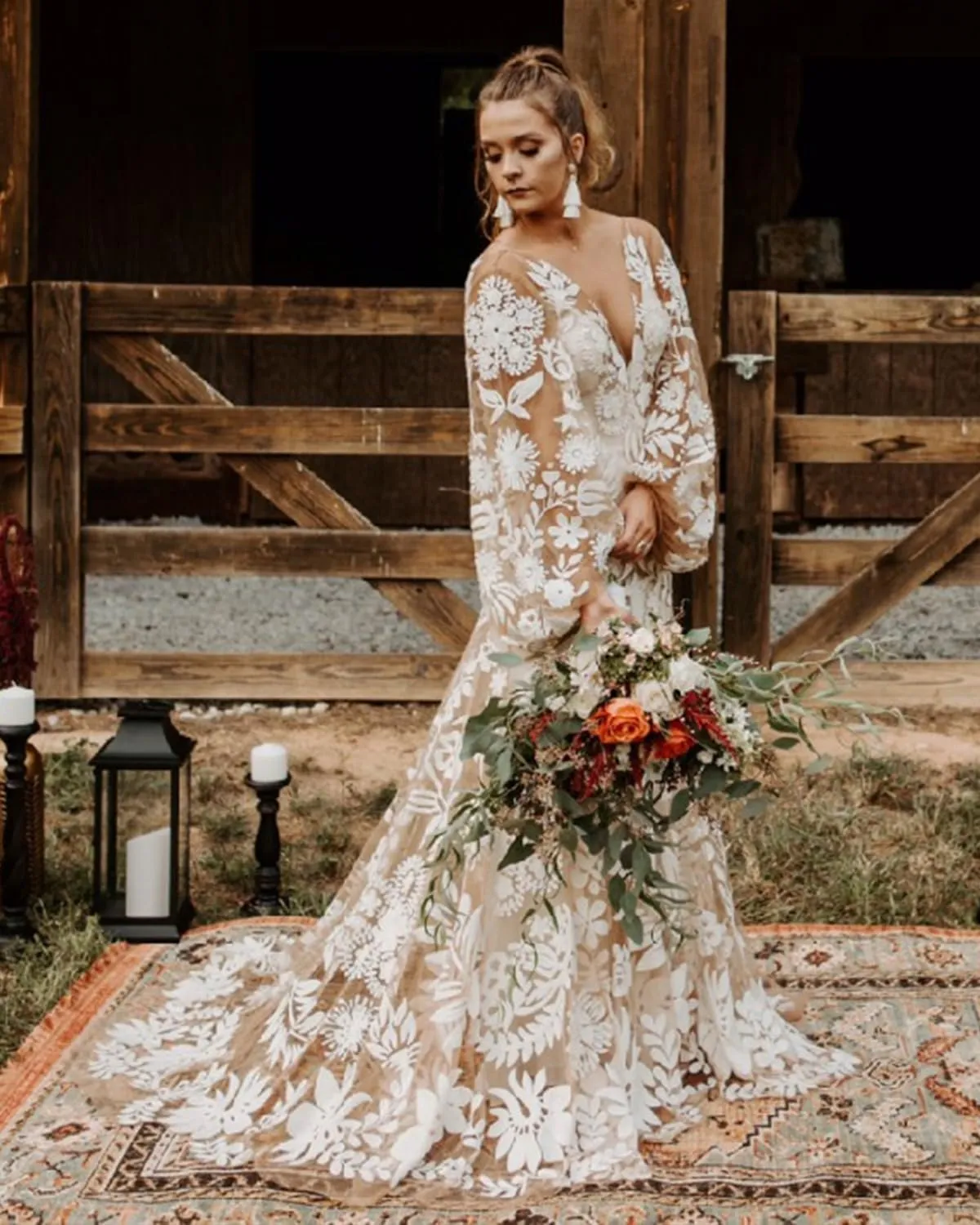 Western Boho Wedding Dresses for Bride Luxury Lace Mermaid Bridal Dress 2-Piece Beach Wedding Gown with Slit
