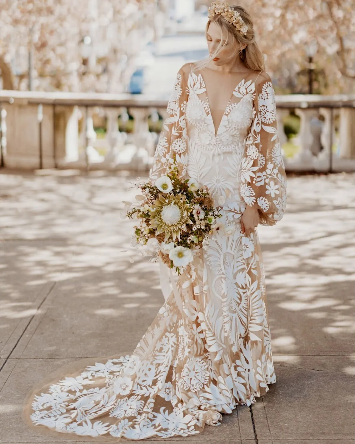 Western Boho Wedding Dresses for Bride Luxury Lace Mermaid Bridal Dress 2-Piece Beach Wedding Gown with Slit