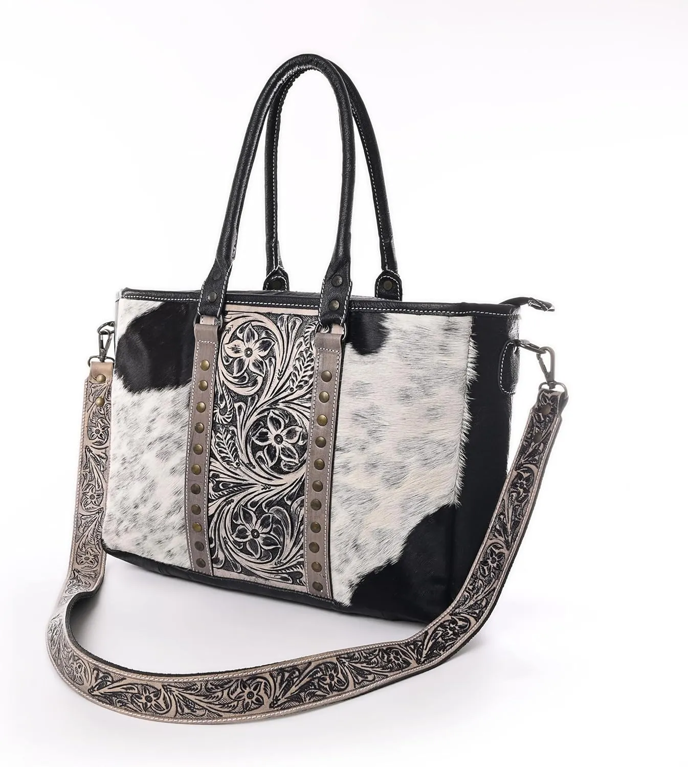 Western Cowhide Hairon Leather Tote Bag for Women With Adjustable Tooled Shoulder Strap Leather Purse