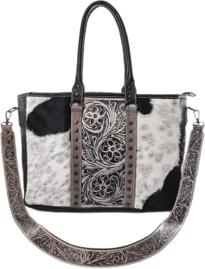 Western Cowhide Hairon Leather Tote Bag for Women With Adjustable Tooled Shoulder Strap Leather Purse