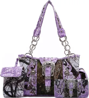 Western Style Camouflage Purse Concho Buckle Tooled Floral Country Studs Crossbody Women Handbag Shoulder Bag Wallet Set
