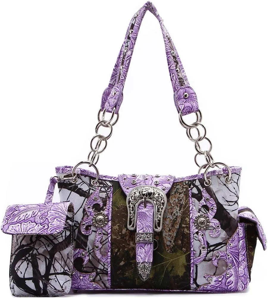 Western Style Camouflage Purse Concho Buckle Tooled Floral Country Studs Crossbody Women Handbag Shoulder Bag Wallet Set