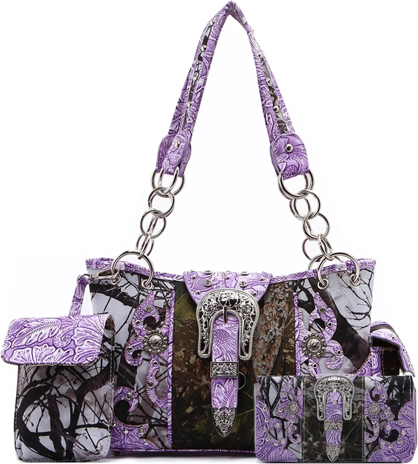 Western Style Camouflage Purse Concho Buckle Tooled Floral Country Studs Crossbody Women Handbag Shoulder Bag Wallet Set