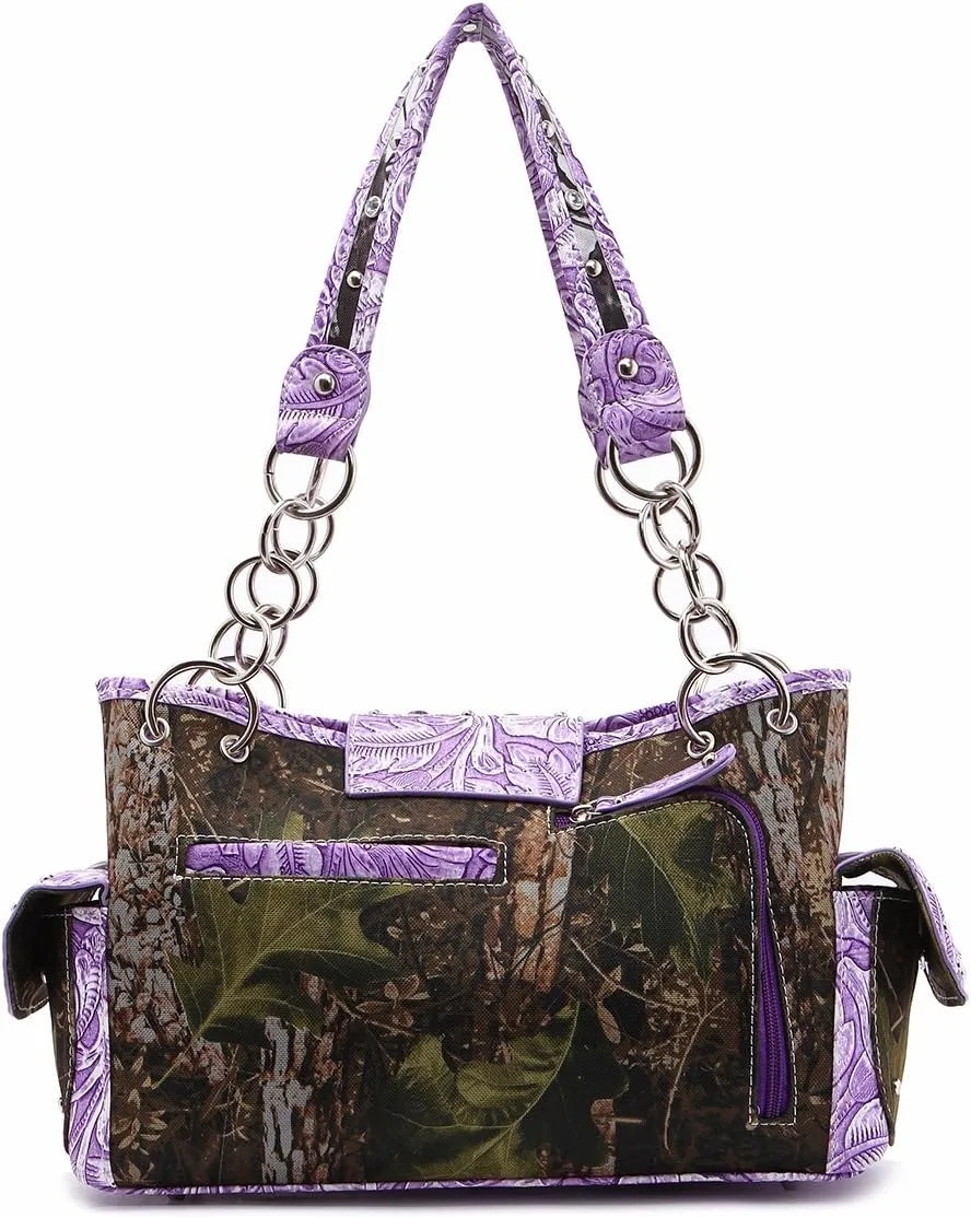Western Style Camouflage Purse Concho Buckle Tooled Floral Country Studs Crossbody Women Handbag Shoulder Bag Wallet Set