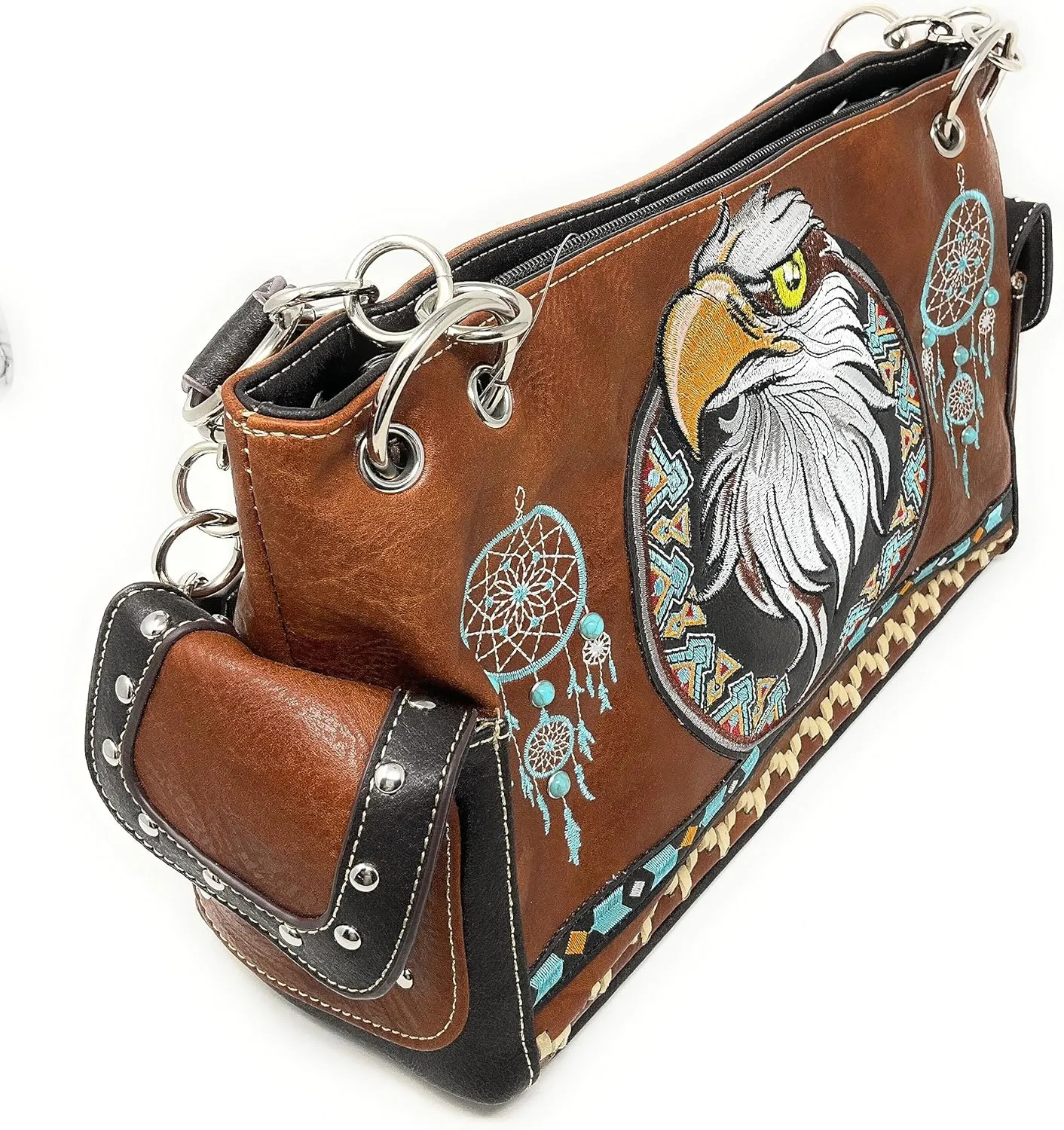 Western Tooled Leather Eagle Dream Catcher Embroidered Rhinestone Concealed CarryCountry Shoulder Handbag