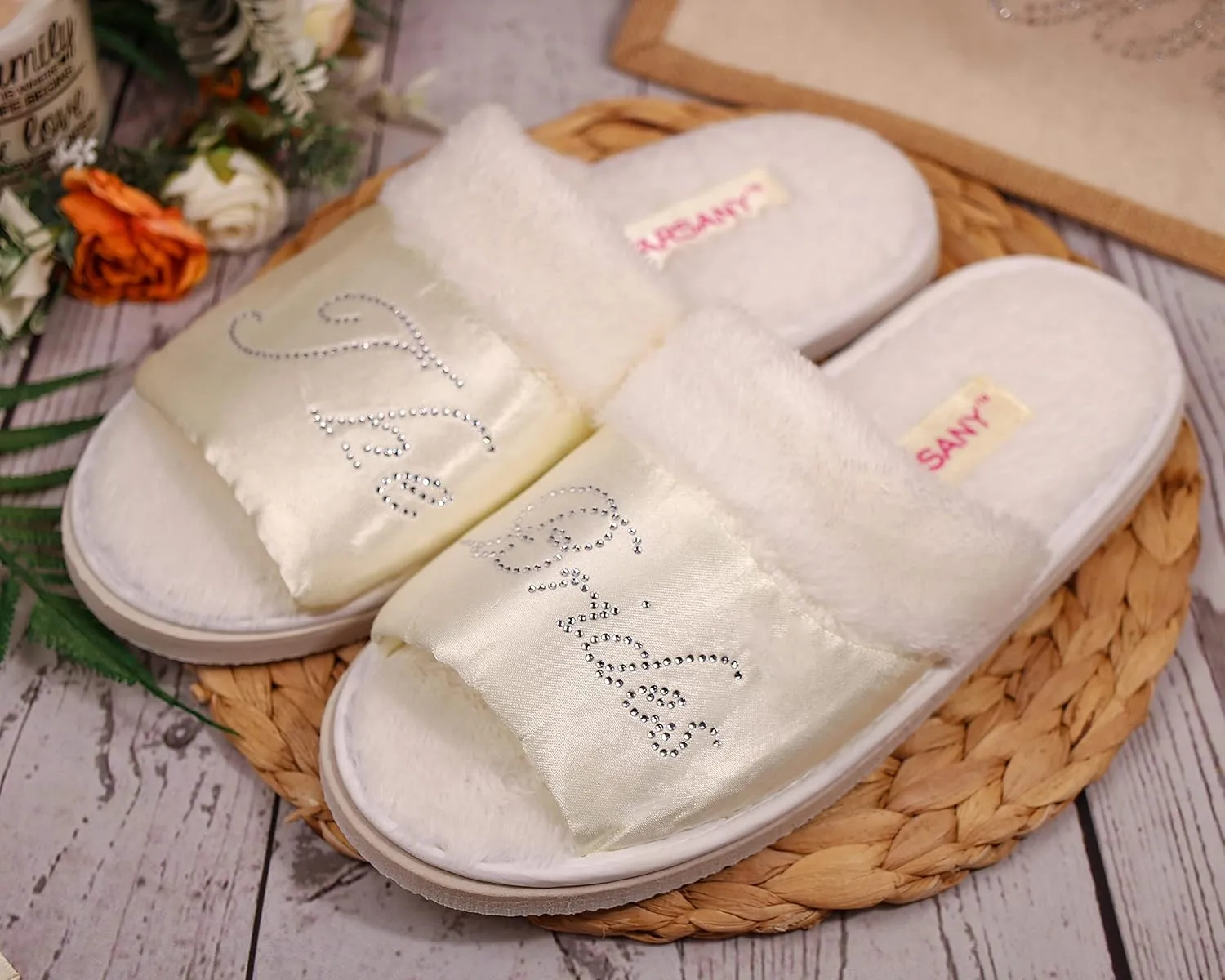 White Crystal Open Toe Spa Slippers and Tote bags wedding bride gift hen party