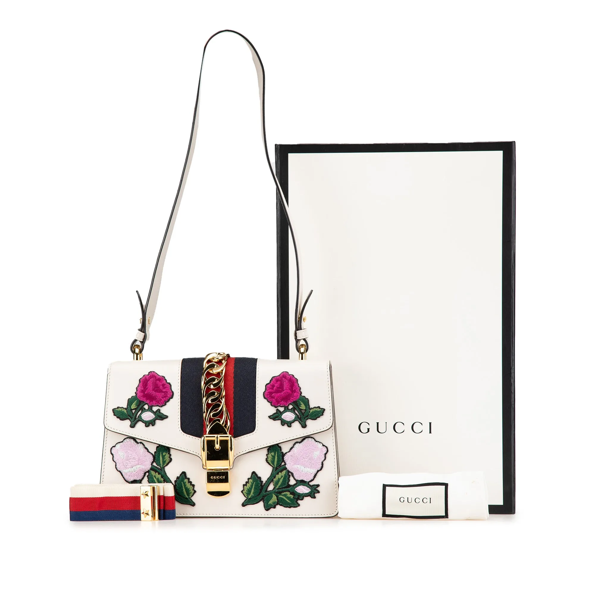 White Gucci Small Floral Embroidered Leather Sylvie Crossbody