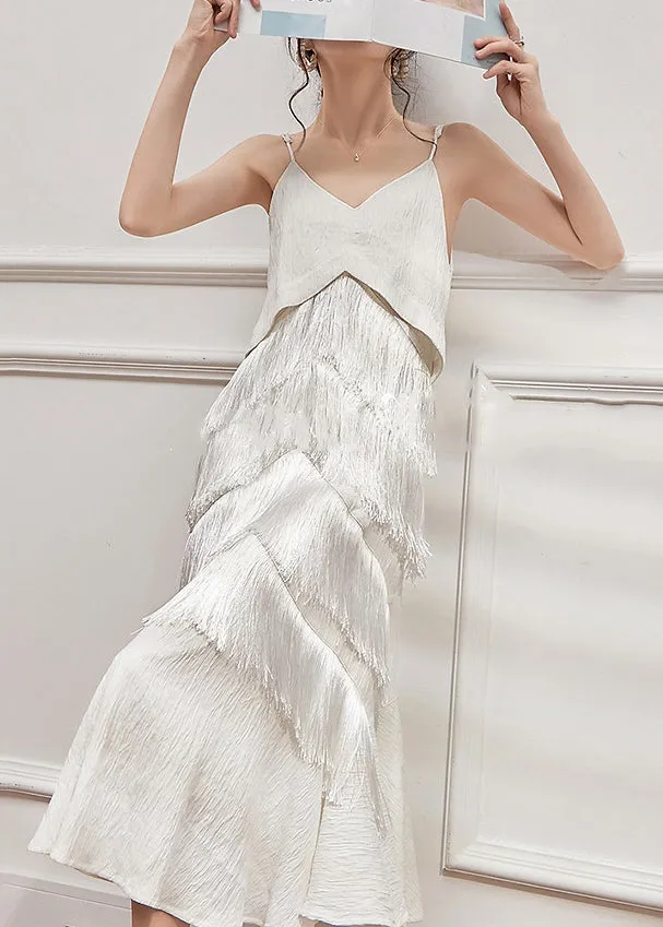 White Neck Tasseled Elegant Strap V Sleeveless Dress Spaghetti