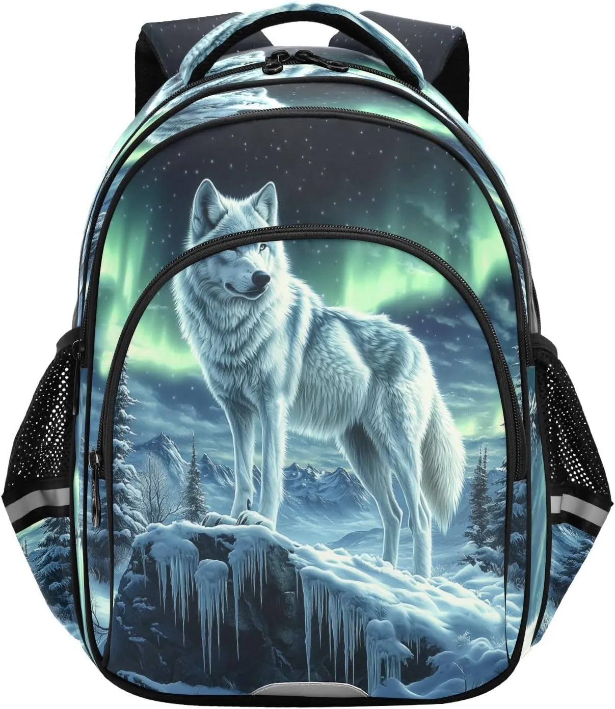 White Wolf Stands Icy Cliff Backpacks Elementary School Shoulder Bag Bookbag for Girls Kids Boys, Medium
