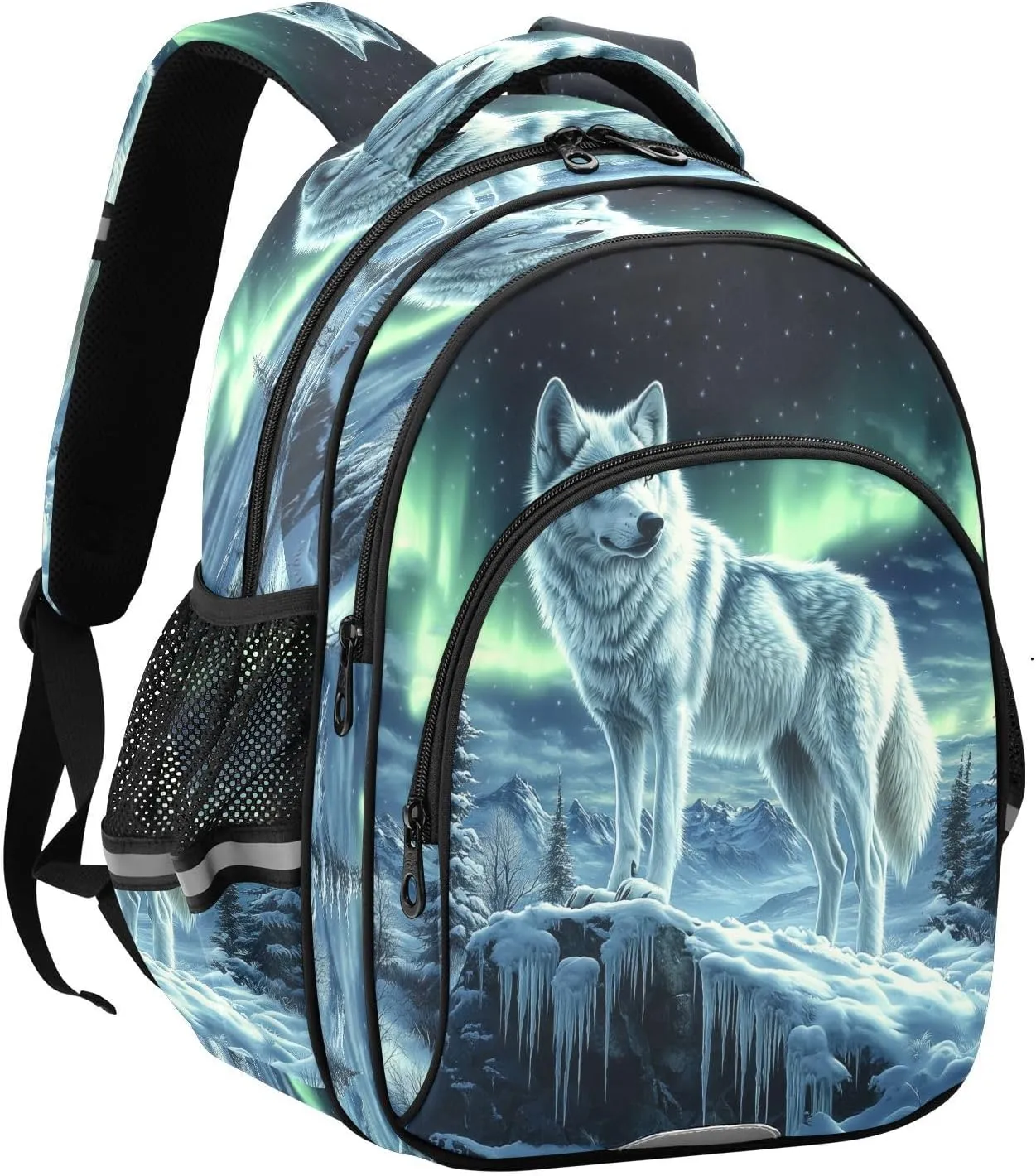White Wolf Stands Icy Cliff Backpacks Elementary School Shoulder Bag Bookbag for Girls Kids Boys, Medium