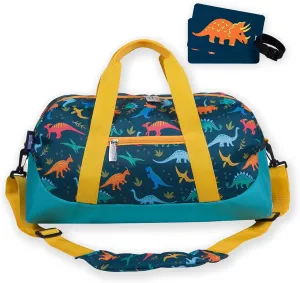 Wildkin Kids Overnighter Duffel Bag Bundle with 2 Matching Bag Tags (Jurassic Dinosaurs)