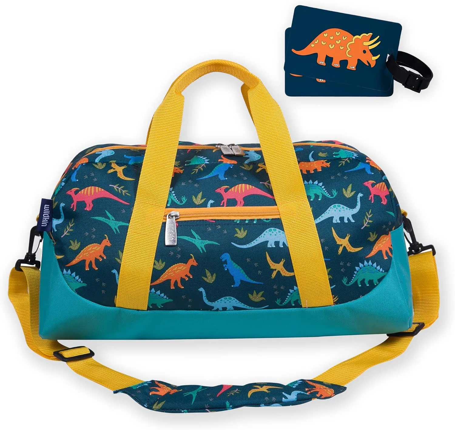 Wildkin Kids Overnighter Duffel Bag Bundle with 2 Matching Bag Tags (Jurassic Dinosaurs)