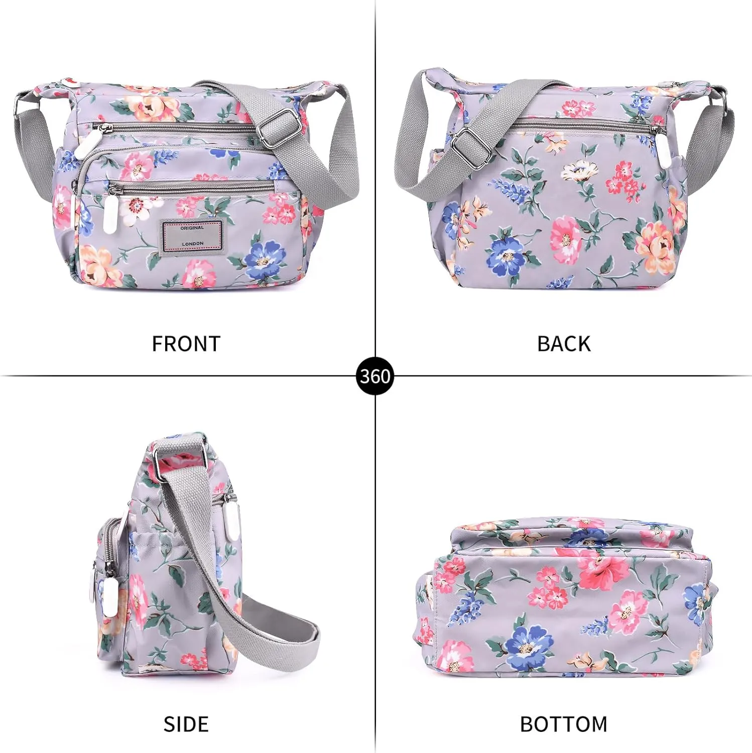 WITERY Crossboby Bag for Women - Waterproof Nylon Multi-Pocket Purse Floral Shoulder Bag Zipper Handbag Messenger Bag