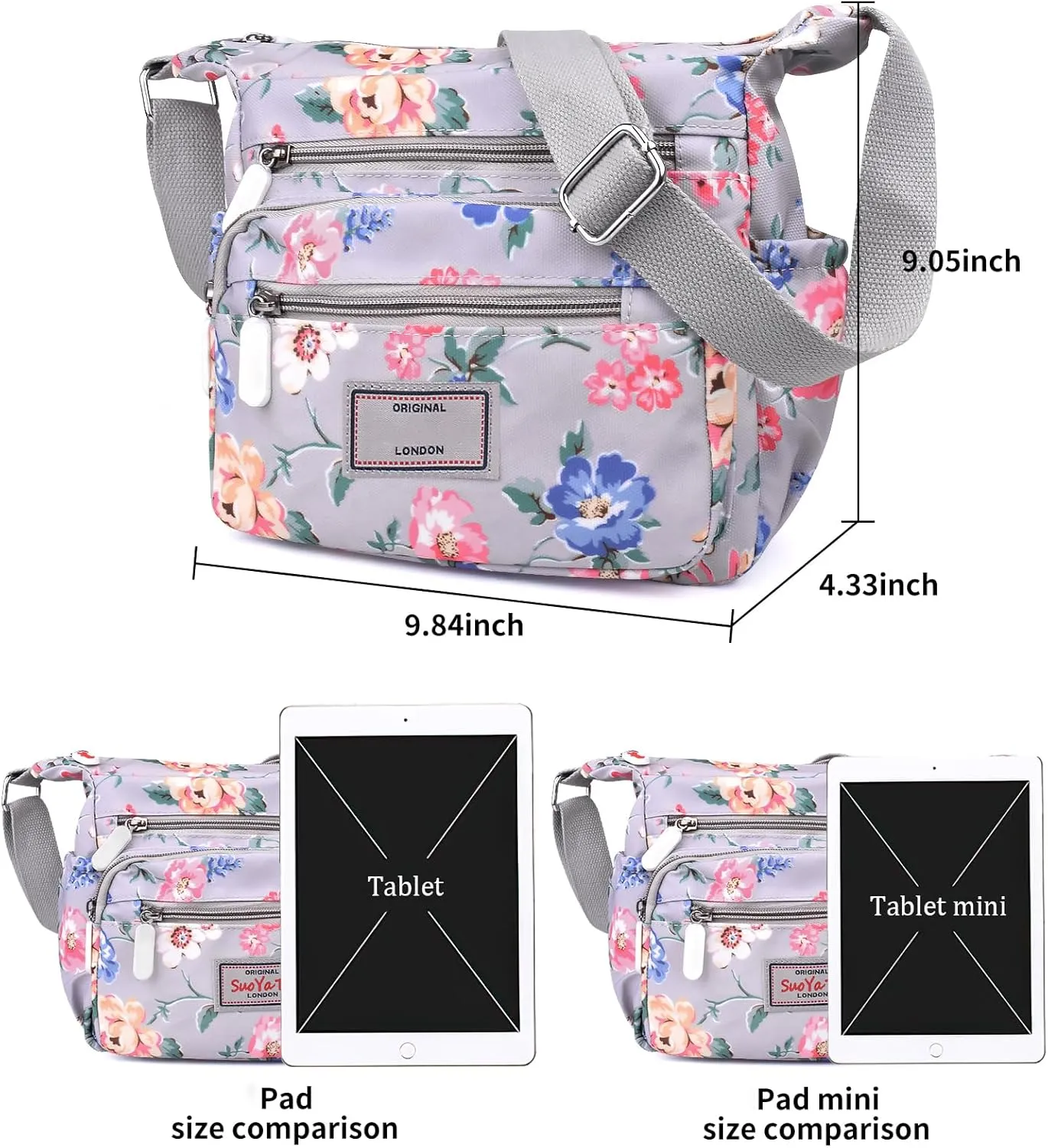 WITERY Crossboby Bag for Women - Waterproof Nylon Multi-Pocket Purse Floral Shoulder Bag Zipper Handbag Messenger Bag
