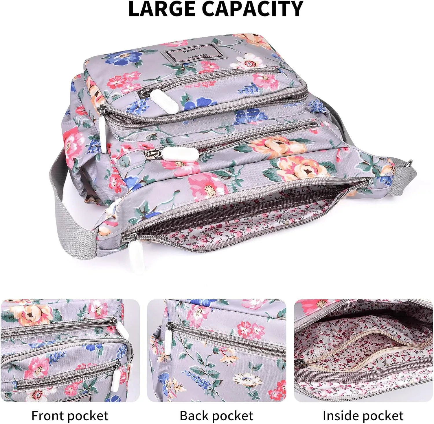WITERY Crossboby Bag for Women - Waterproof Nylon Multi-Pocket Purse Floral Shoulder Bag Zipper Handbag Messenger Bag
