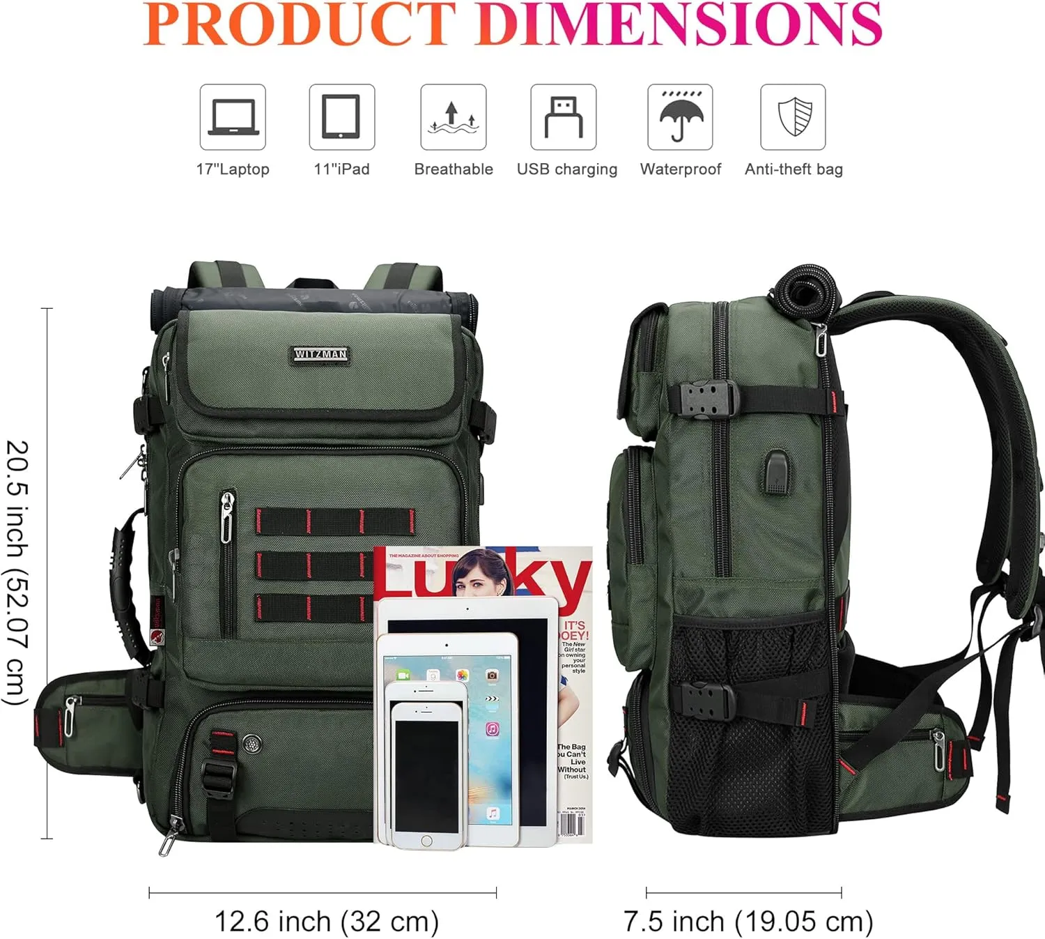 WITZMAN Carry on Travel Backpack for Men Airline Approved Convertible Nylon Duffle Backpack Luggage Bag (B682 Army Green)