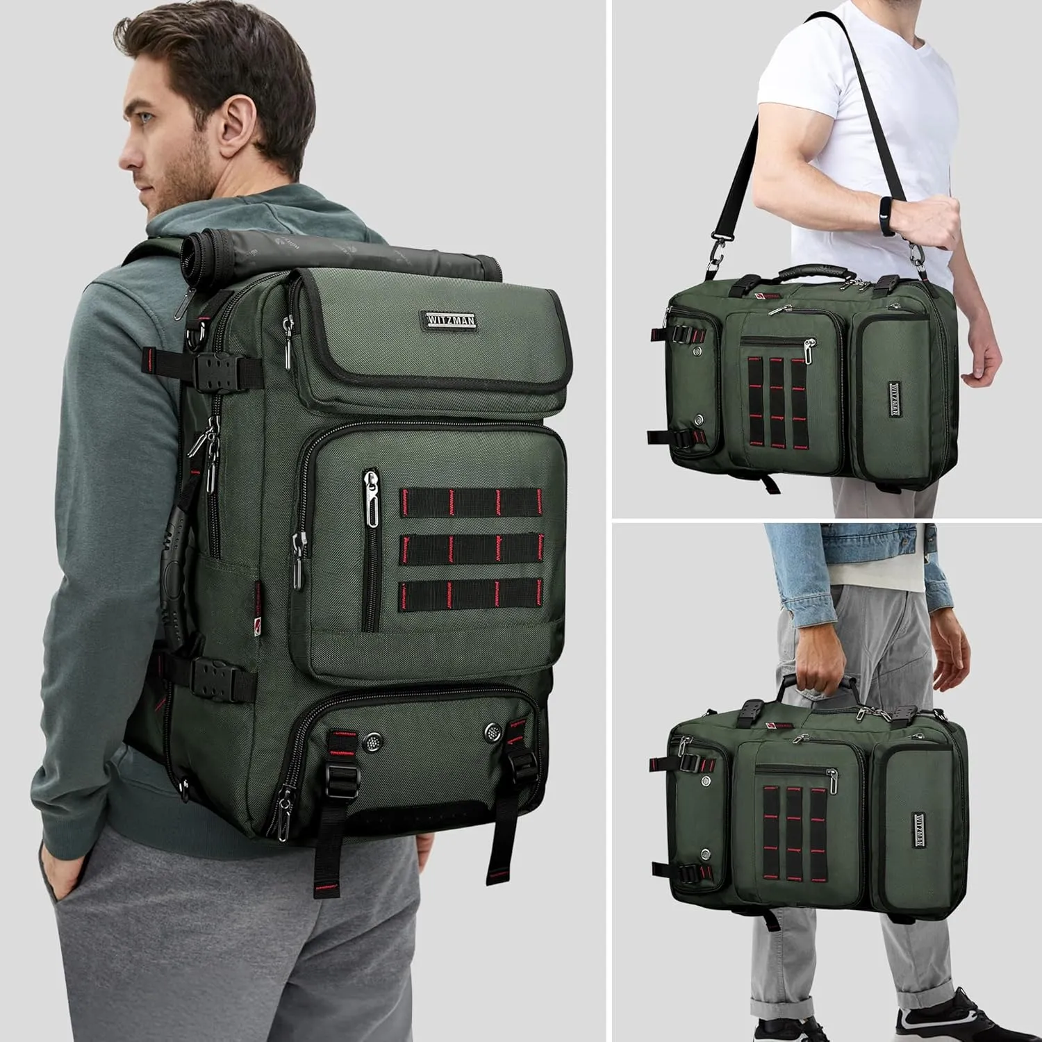 WITZMAN Carry on Travel Backpack for Men Airline Approved Convertible Nylon Duffle Backpack Luggage Bag (B682 Army Green)
