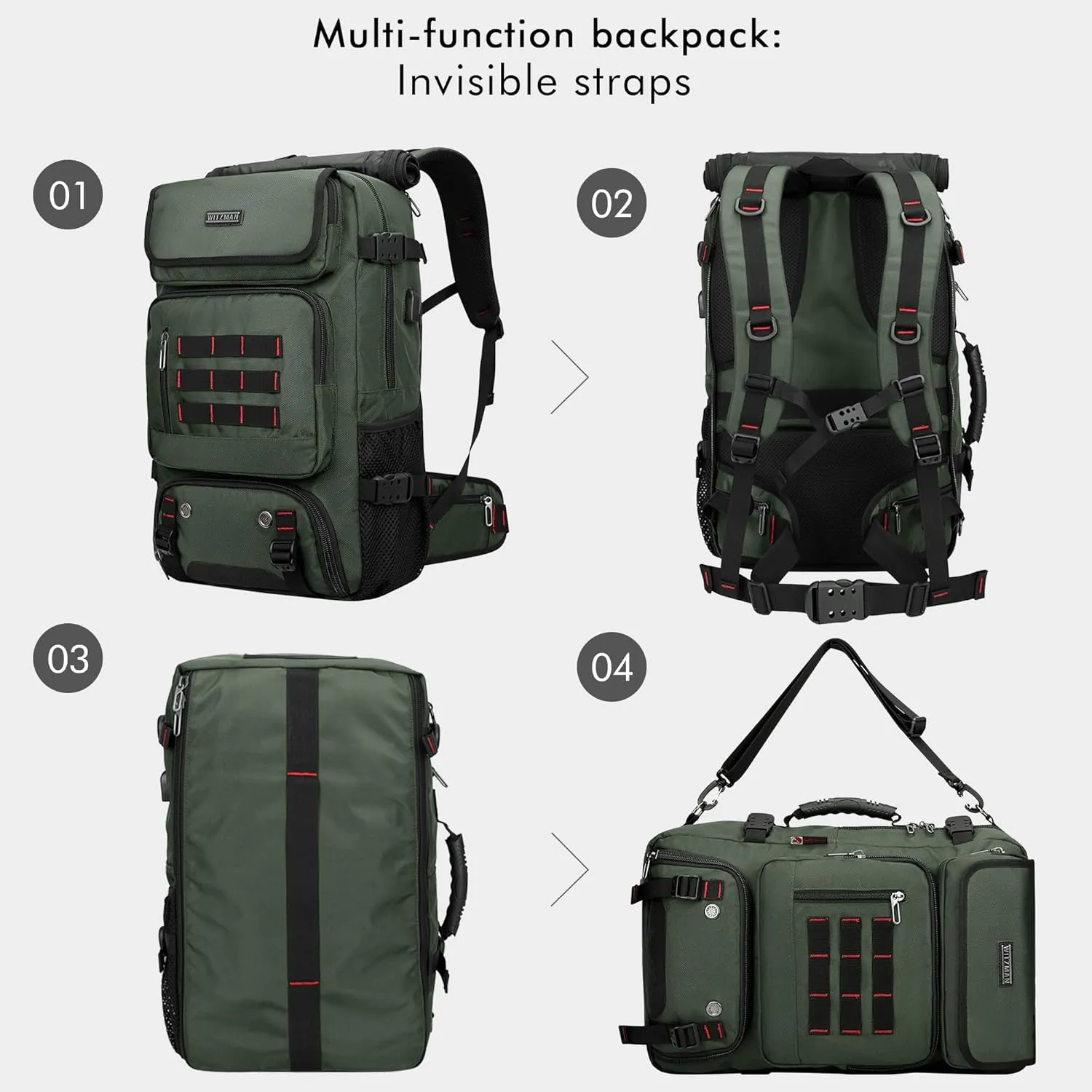 WITZMAN Carry on Travel Backpack for Men Airline Approved Convertible Nylon Duffle Backpack Luggage Bag (B682 Army Green)