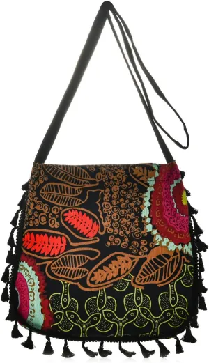 Women Boho Vintage Crossbody Handbag Floral Stripes Printed Canvas Ethnic Shoulder Purse Travel Beach Daily Shopping Tote Bag
