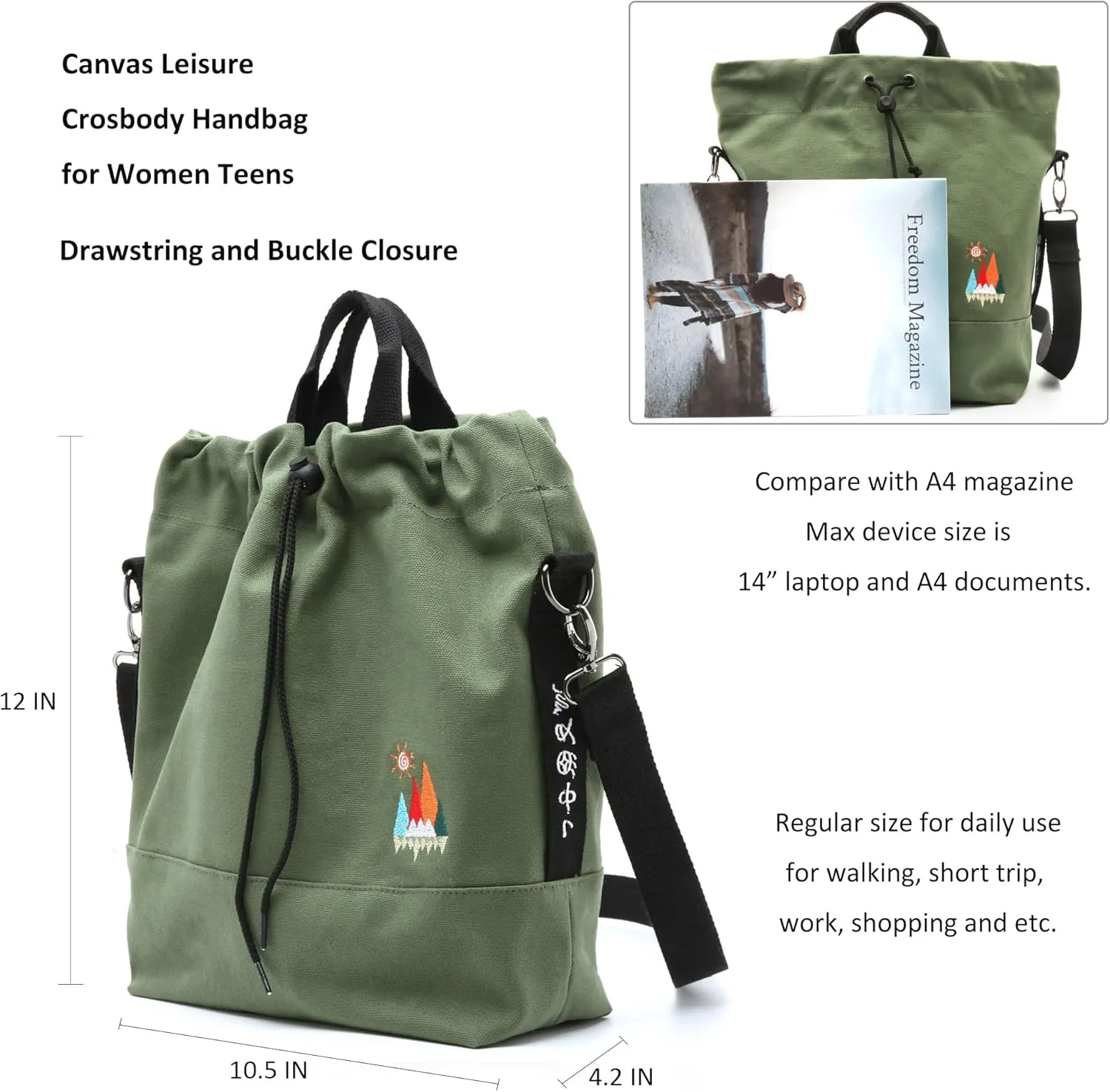 Women Canvas Tote Handbags Casual Shoulder Work Bag Crossbody Bag with Sunshine Embroidery