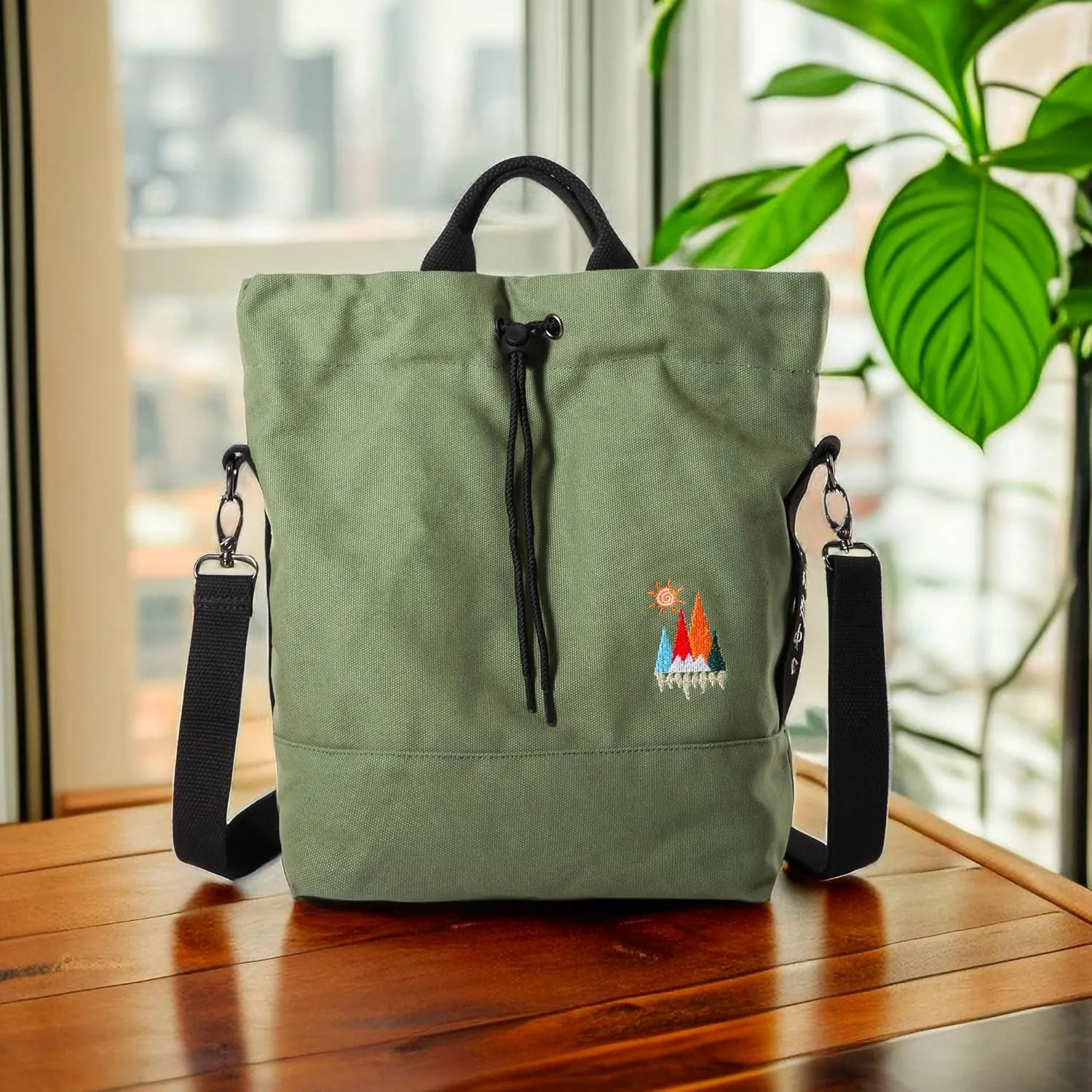 Women Canvas Tote Handbags Casual Shoulder Work Bag Crossbody Bag with Sunshine Embroidery