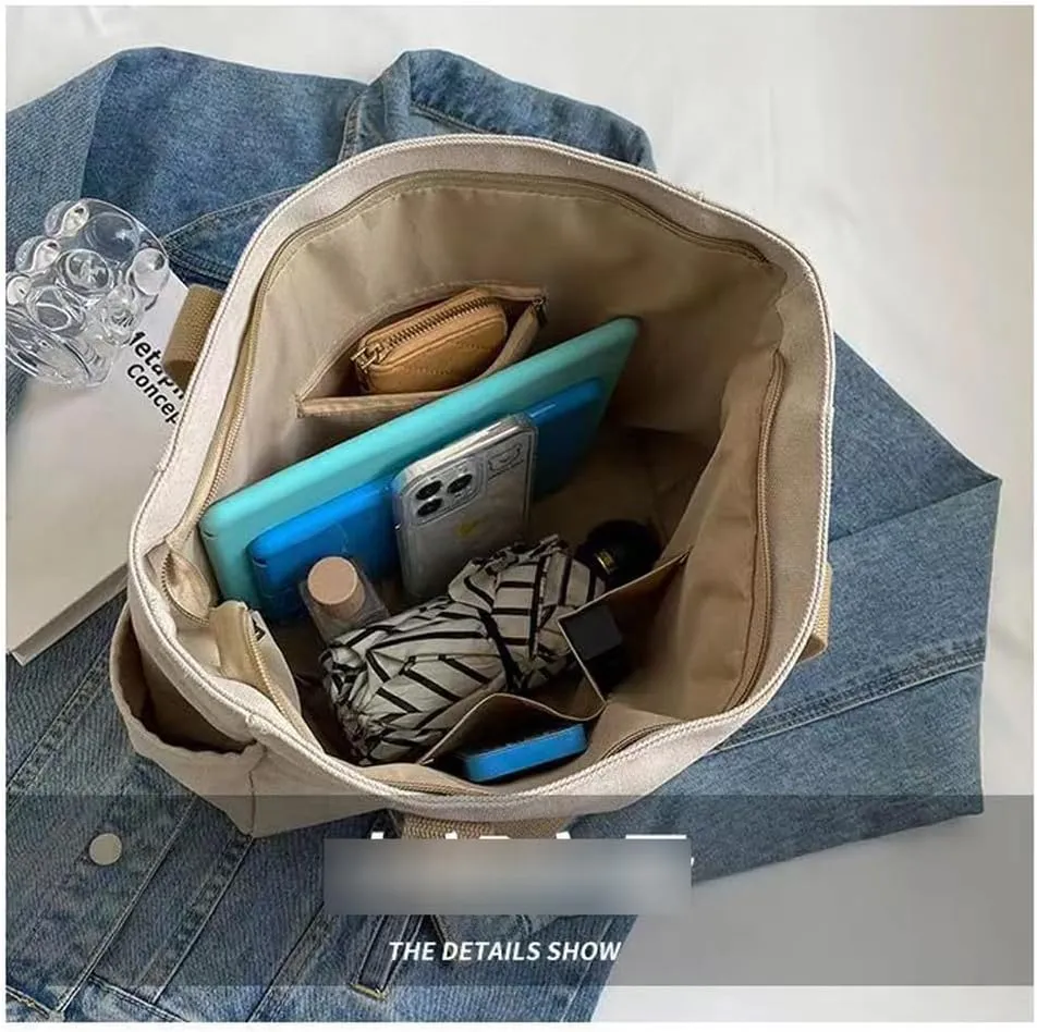Women Canvas Tote Handbags Zipper Casual Shoulder Work Bag Top Handle Bag Purses