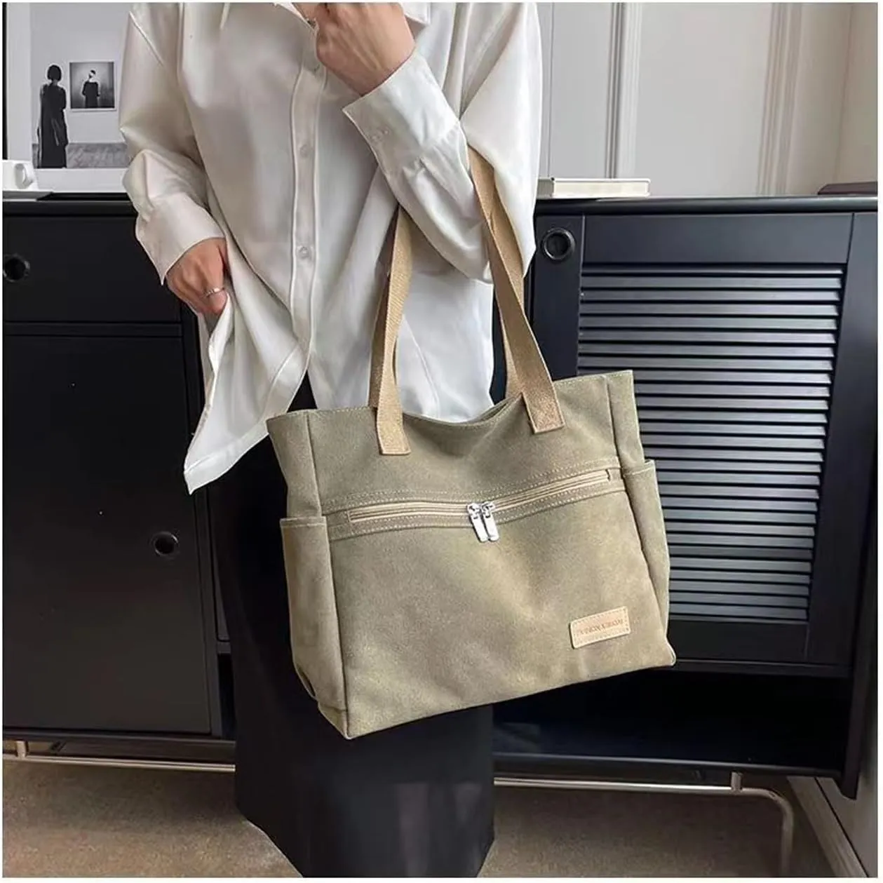 Women Canvas Tote Handbags Zipper Casual Shoulder Work Bag Top Handle Bag Purses