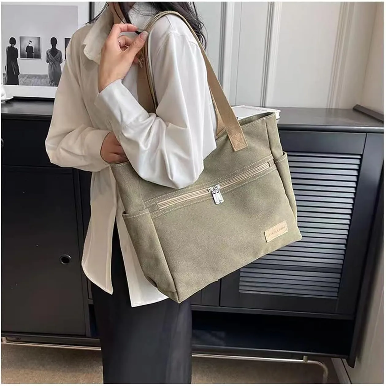 Women Canvas Tote Handbags Zipper Casual Shoulder Work Bag Top Handle Bag Purses
