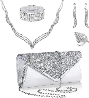 Women Clutch Purse Jewelry Set, Necklace And Earring Sets for Women Including Bracelet Ring Clutch Bag, Elegant Jewelry Set for Evening Wedding Party