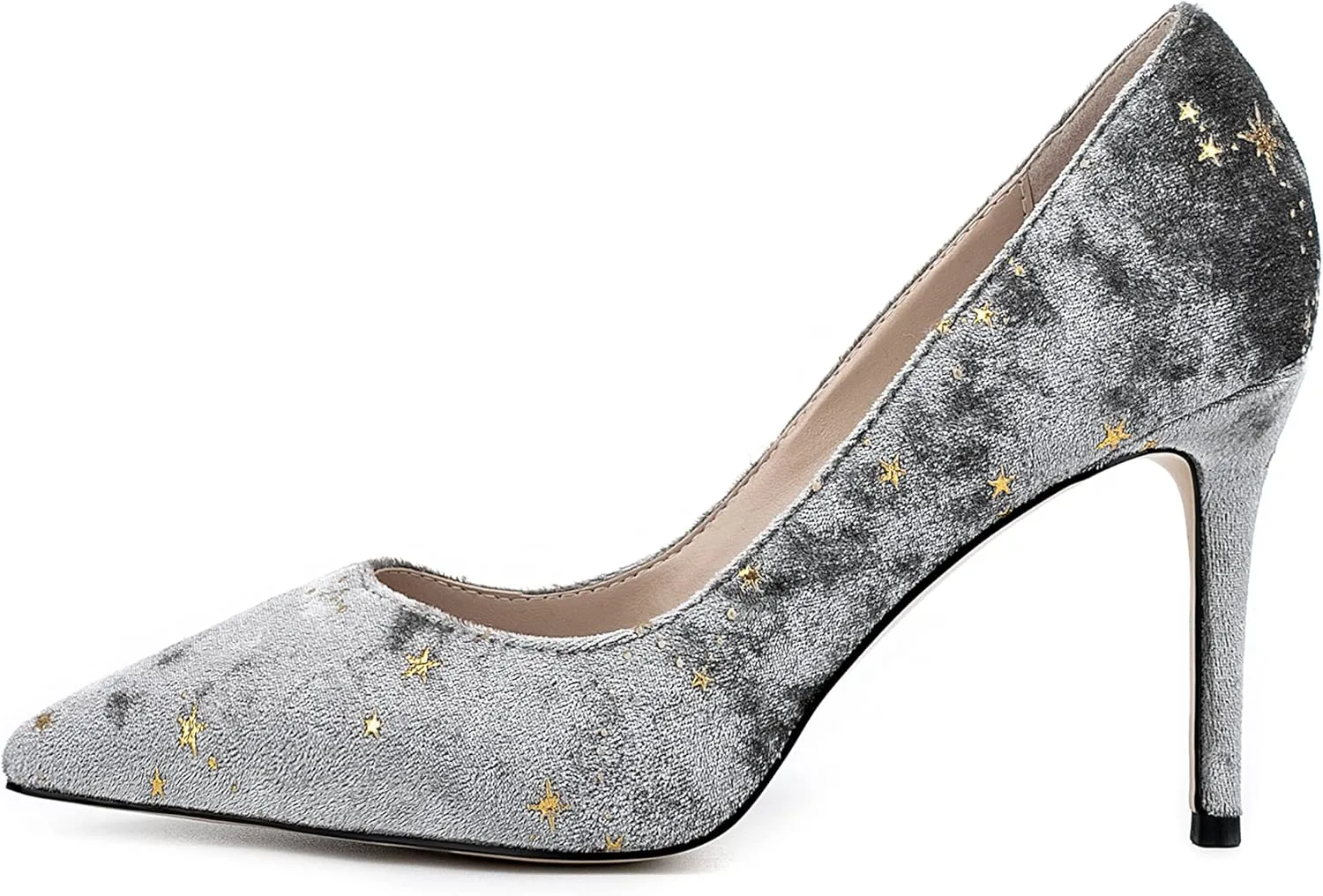 Women Elegant Velvet High Heel Pointed Toe Pumps Star Pattern Slip on Vegan Suede Slide Stiletto Shoes