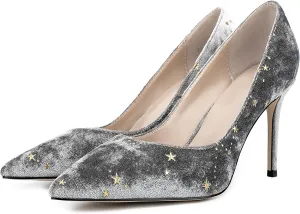 Women Elegant Velvet High Heel Pointed Toe Pumps Star Pattern Slip on Vegan Suede Slide Stiletto Shoes