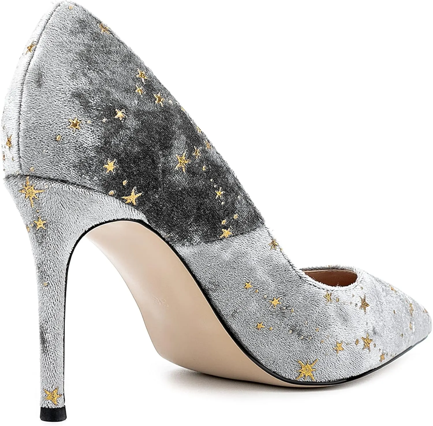 Women Elegant Velvet High Heel Pointed Toe Pumps Star Pattern Slip on Vegan Suede Slide Stiletto Shoes