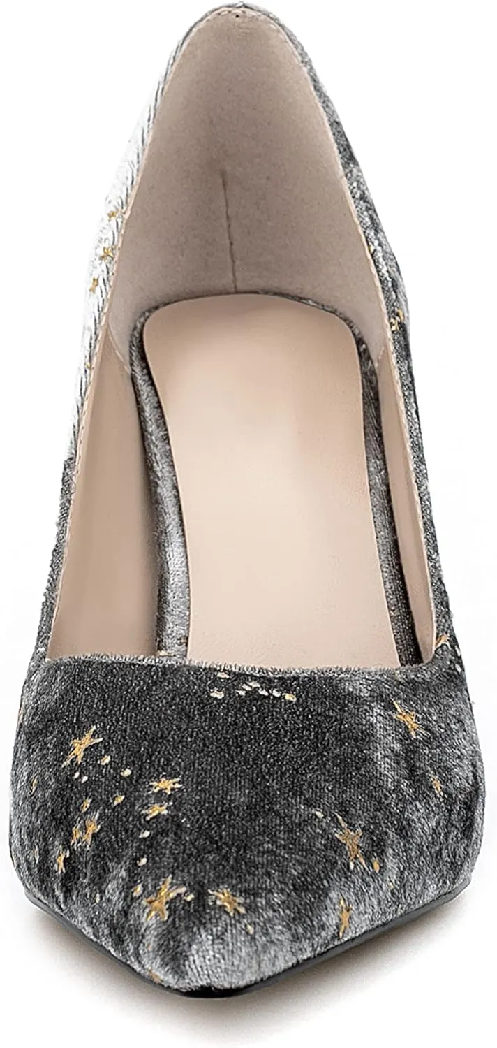 Women Elegant Velvet High Heel Pointed Toe Pumps Star Pattern Slip on Vegan Suede Slide Stiletto Shoes