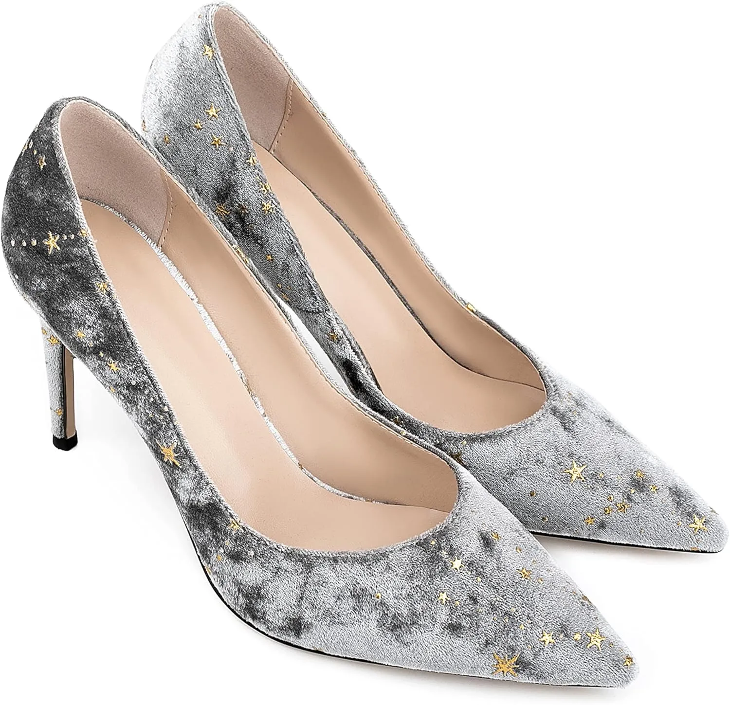 Women Elegant Velvet High Heel Pointed Toe Pumps Star Pattern Slip on Vegan Suede Slide Stiletto Shoes
