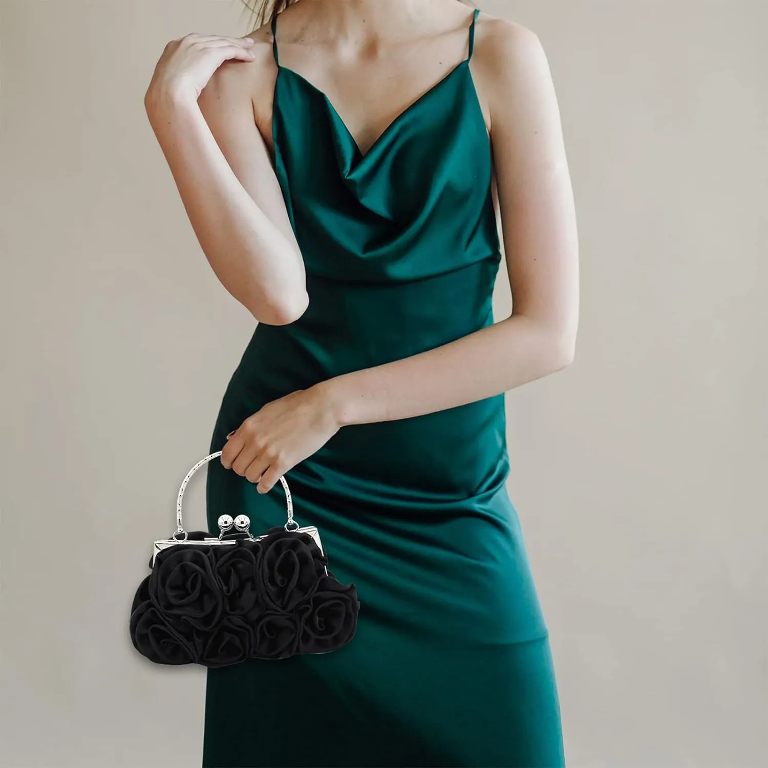 Women Evening Clutch Bag Floral Satin Small Purses with Detachable Strap for Wedding, Party, Prom