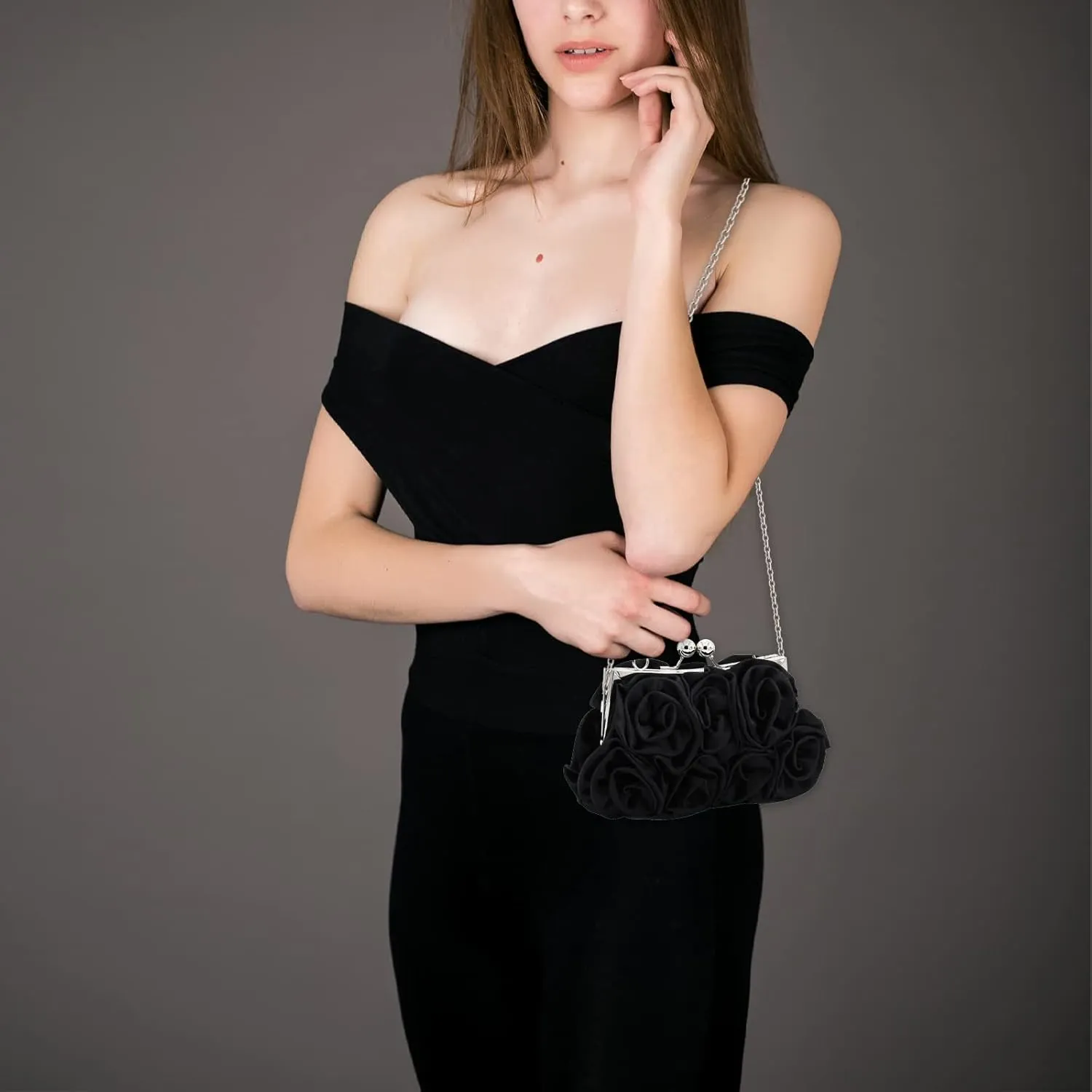 Women Evening Clutch Bag Floral Satin Small Purses with Detachable Strap for Wedding, Party, Prom