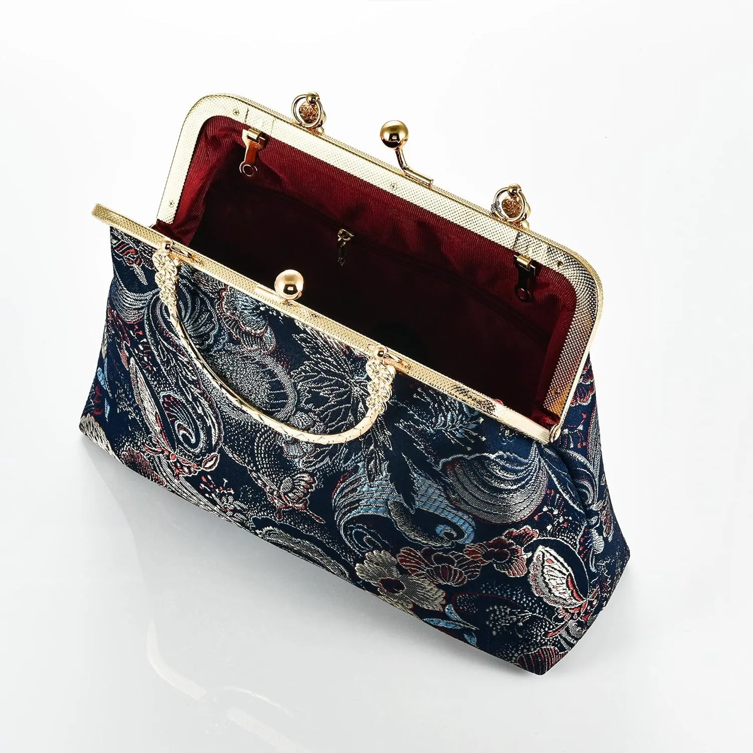 Women Girls Flowers Embroidered Top-handle Bag Chinese Vintage Kiss Lock Tote Handbag Wedding Party Evening Clutch Purse