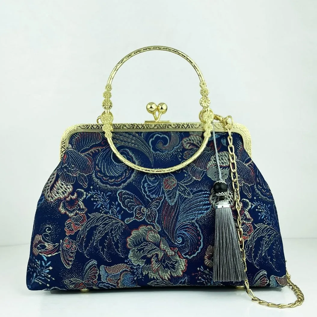 Women Girls Flowers Embroidered Top-handle Bag Chinese Vintage Kiss Lock Tote Handbag Wedding Party Evening Clutch Purse