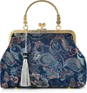 Women Girls Flowers Embroidered Top-handle Bag Chinese Vintage Kiss Lock Tote Handbag Wedding Party Evening Clutch Purse