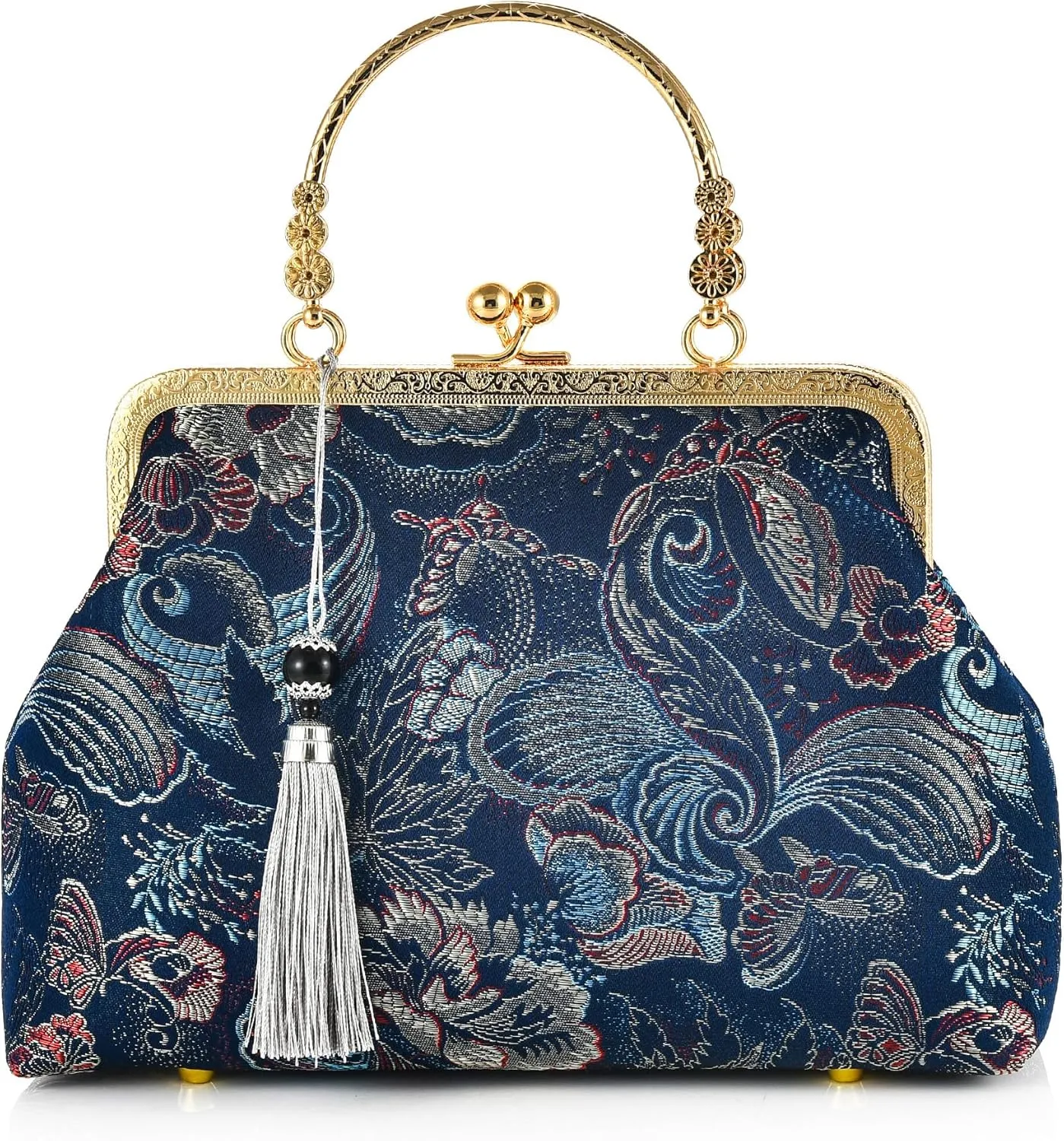 Women Girls Flowers Embroidered Top-handle Bag Chinese Vintage Kiss Lock Tote Handbag Wedding Party Evening Clutch Purse