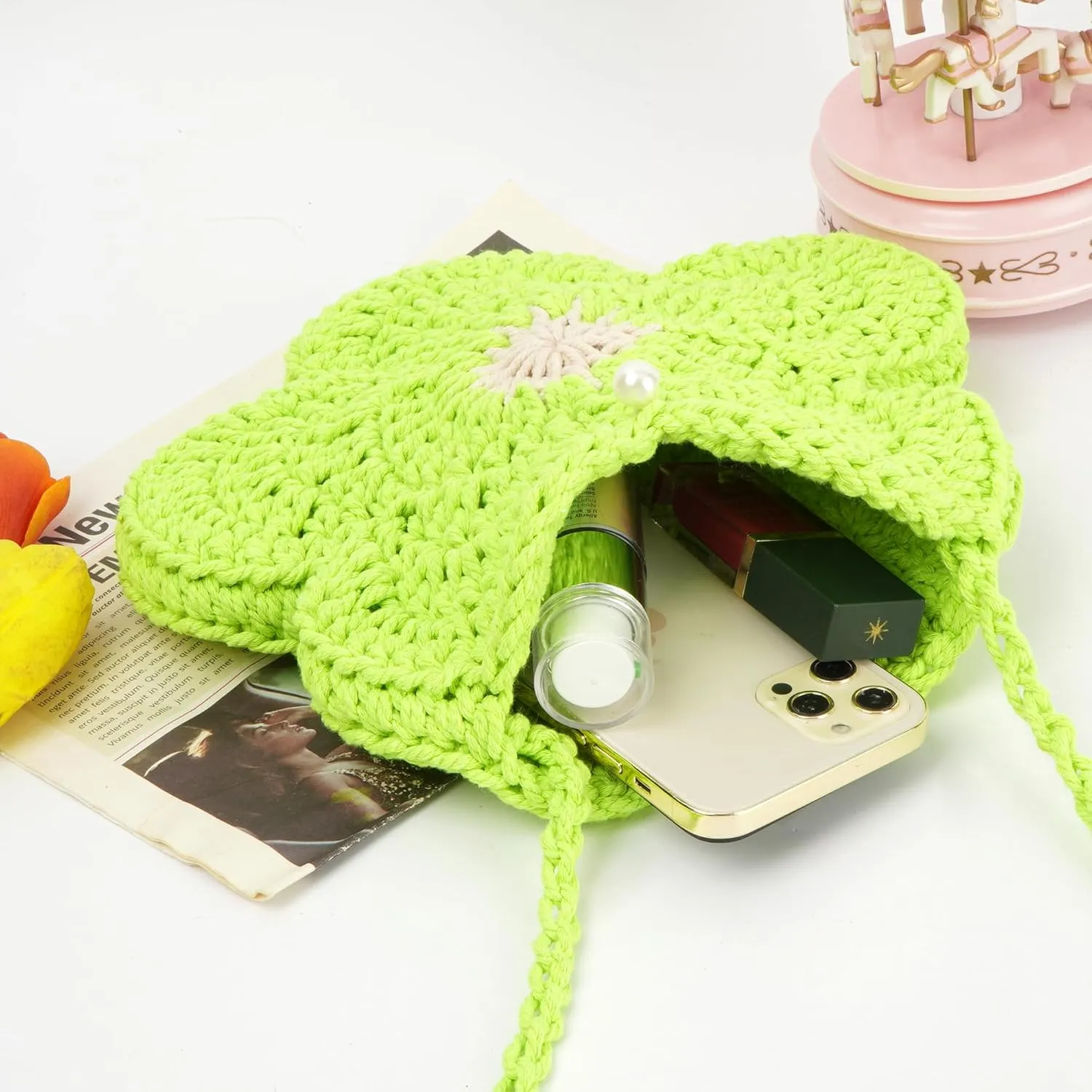 Women Girls Mini Flower Crochet Shoulder Crossbody Bag Handmade Handbag Purse Cotton Cellphone Wallet
