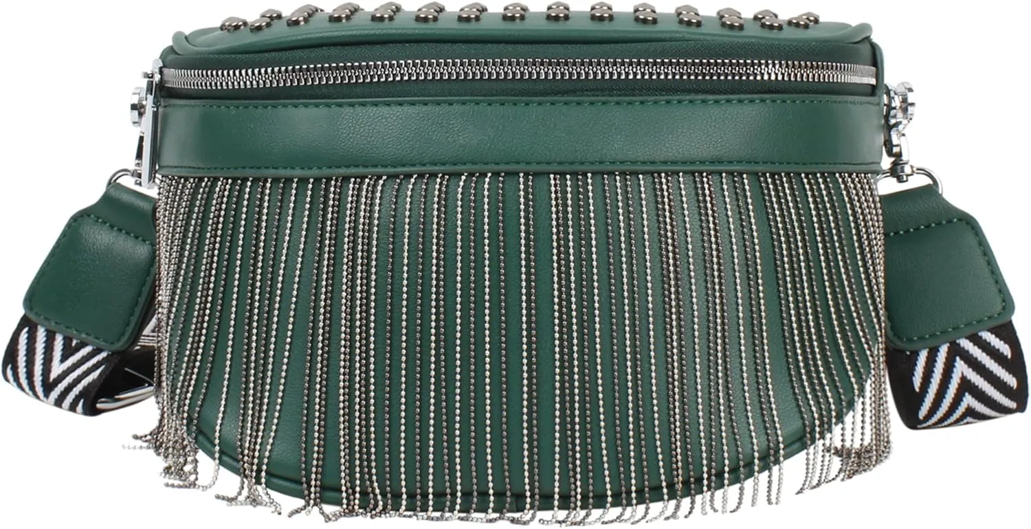 Women Girls Rivet Metal Tassel Faux Leather Fanny Pack Waist Bag Chest Bag Crossbody Shoulder Bag