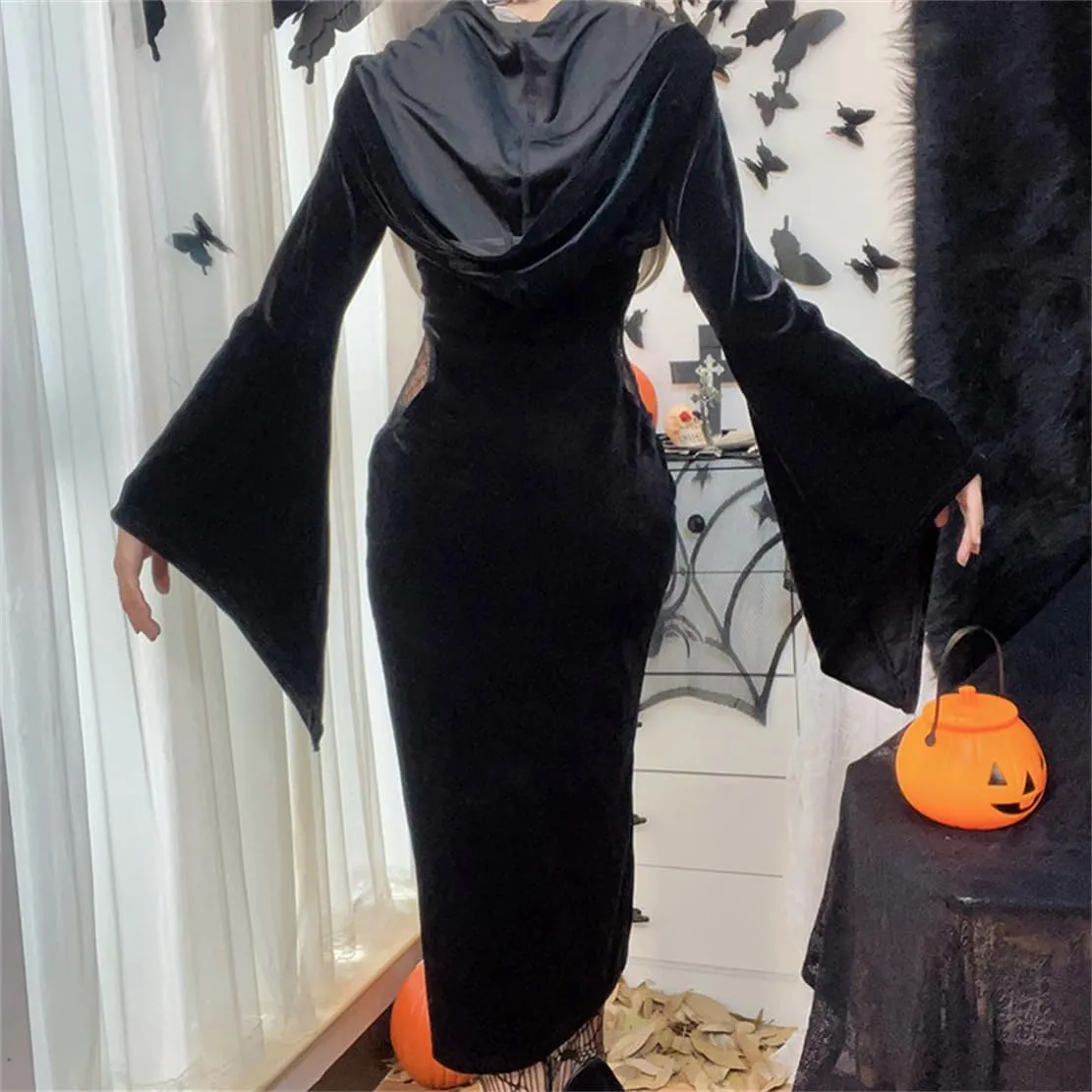 Women Gothic Dress Punk Halloween Vintage Harajuku Velvet Lace Y2k Mall Goth A-Line Dresses