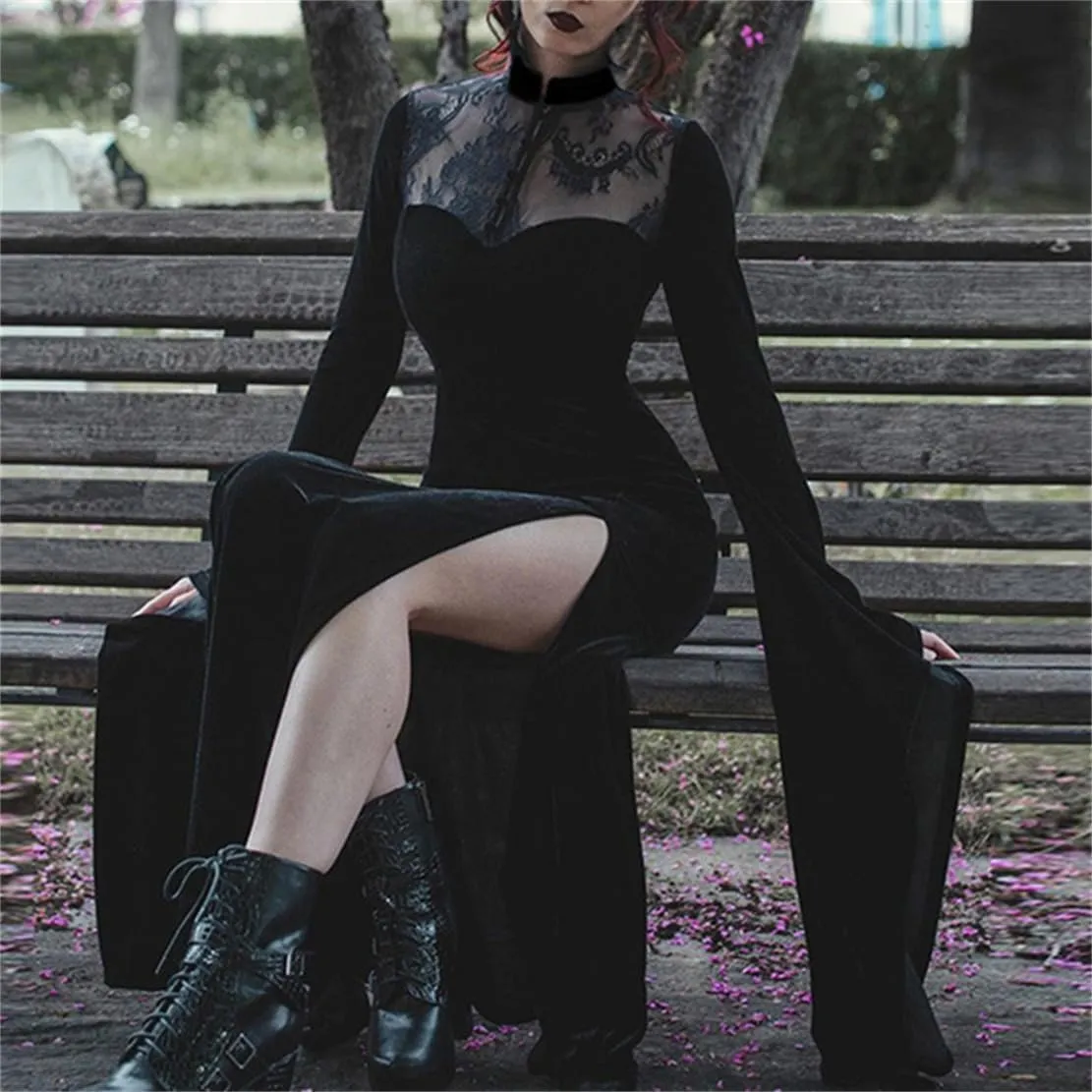 Women Gothic Dress Punk Halloween Vintage Harajuku Velvet Lace Y2k Mall Goth A-Line Dresses