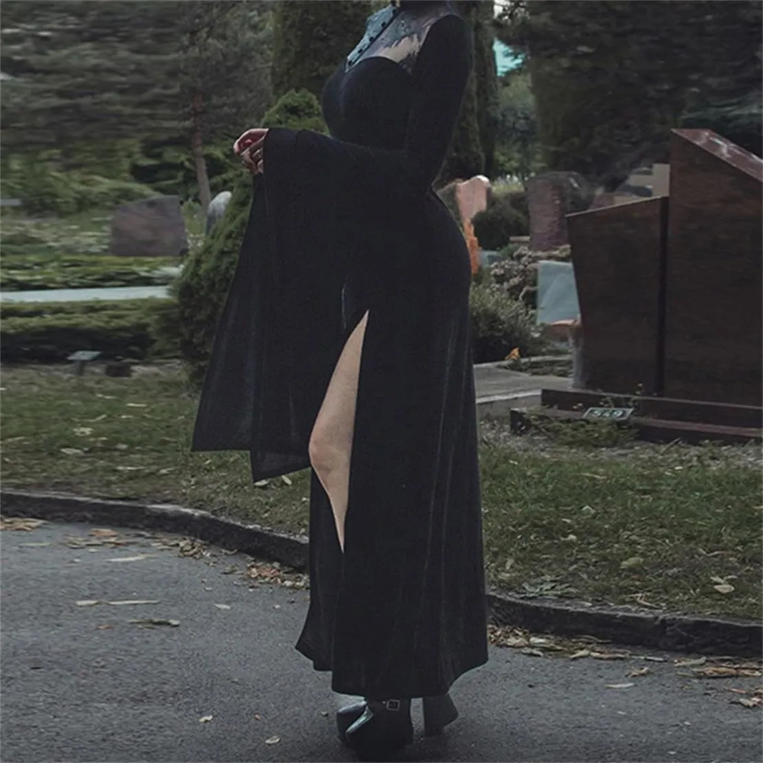 Women Gothic Dress Punk Halloween Vintage Harajuku Velvet Lace Y2k Mall Goth A-Line Dresses