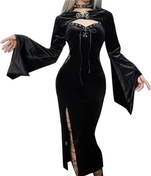 Women Gothic Dress Punk Halloween Vintage Harajuku Velvet Lace Y2k Mall Goth A-Line Dresses